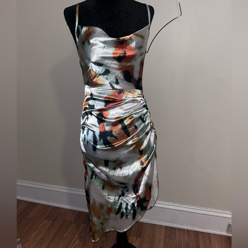 SHEIN Satin Midi Dress with Multicolor Pattern